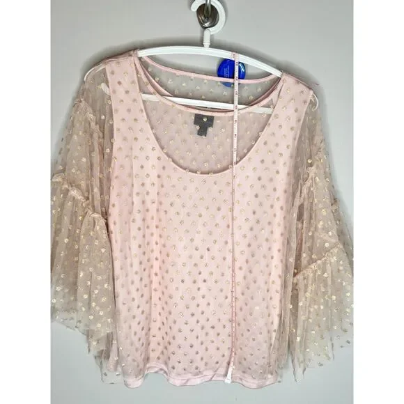 Pink Gold Polka Dot Sheer Bell Sleeve Romantic Fairy Fairycore top L - Picture 7 of 7